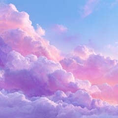 Pastel cloudscape.  Soft, vibrant hues of pink and purple clouds against a light blue sky.  Fluffy, cumulus clouds fill the frame
