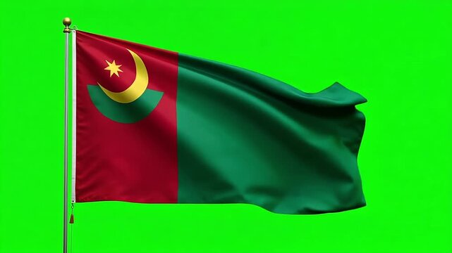 Dynamic Mauritania flag waving proudly on green screen background for easy chroma keying