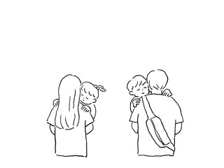 小さい子供を抱っこする男性と女性の後ろ姿、（家族、父親、母親）,線画
