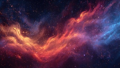 Cosmic nebula swirls in vibrant hues of orange, red, and blue, scattered with glittering stars against a deep black backdrop