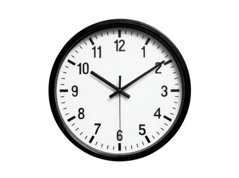 Simple black and white wall clock showing time, Isolated On Transparent Background