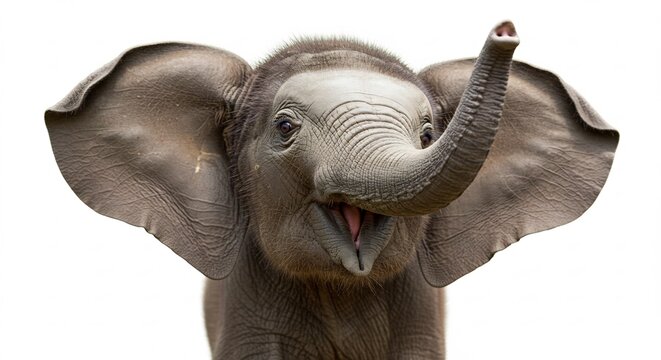 B�b� �l�phant joyeux joue fond blanc lumi�re douce. AI Generated