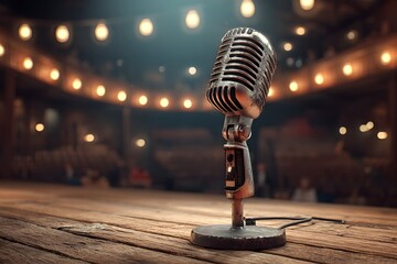 Microphone on a retro stand on a cozy wooden stage with empty seats around.