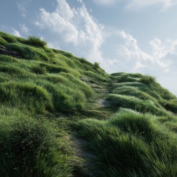 A scenic summer landscape of green grass and blue sky with clouds over a rural mountain path winding through a lush field and pine forest