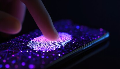 Fingertip scans a glowing fingerprint sensor on a smartphone.  A hand with a fingertip presses on a screen, leaving a bright, detailed image of a fingerprint. 