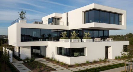Modern white house with minimalist design and a terrace on a sunny day