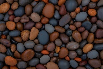 A closeup view of a collection of smooth, colorful pebbles in varying shades of brown, grey, and blue