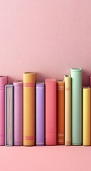 Row of colorful books on a pink shelf