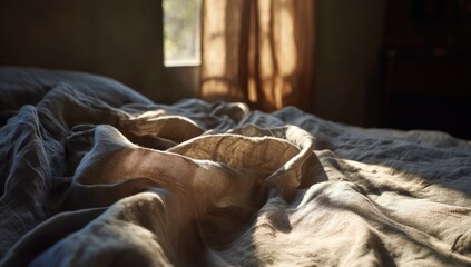 Obraz premium Soft linen bedding bathed in sunlight