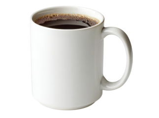 A white mug filled with dark coffee isolated on black, Isolated On Transparent Background