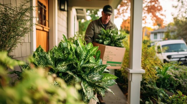 Delivery driver unloading lush potted plants at a doorstep the vivid greens in focus while the suburban environment gently fades out behind.