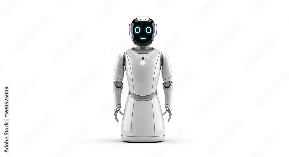Poster a sleek white humanoid robot with a smiling face on a white background in studio shot