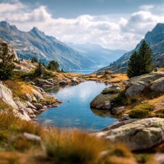 Serene alpine lake nestled in a mountain valley.  Rocky shoreline with tall pines, golden grasses, and a tranquil reflection