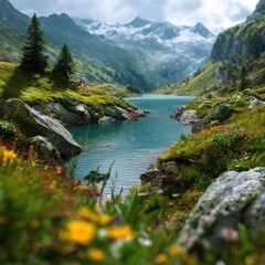 Alpine lake nestled amongst vibrant wildflowers and towering peaks.  A tranquil scene of a turquoise lake winding through a valley, bordered by lush greenery and rocky outcrops.  