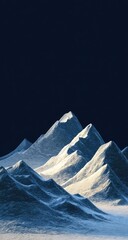 Snowy peaks rise against a dark sky.  Digital art, stylized mountains