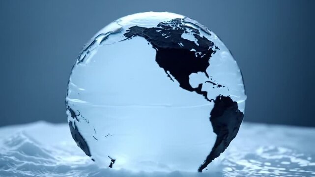 A globe, seemingly of ice or glass, with a dark map of the world, set against a muted blue background and resting on a surface of rippled white