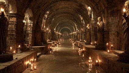 Fototapeta premium Ancient stone crypt, lit by many candles. Long tunnel lined with statues