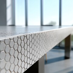 Close-up of a modern countertop.  Hexagonal tiles create a textured edge.  Blurred office space background