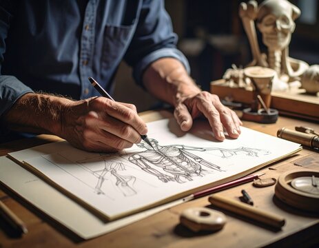 Senior Artist Drawing Detailed Sketch On Paper
