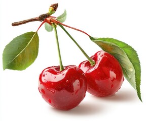 Two plump, glossy cherries on a branch with leaves