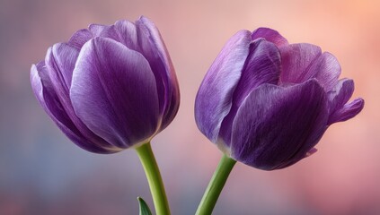 Two vibrant purple tulips close-up, soft focus background