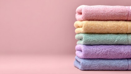 Pastel-colored towels stacked against a soft pink background