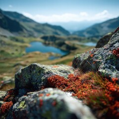 Alpine vista, rocky outcrop with vibrant moss