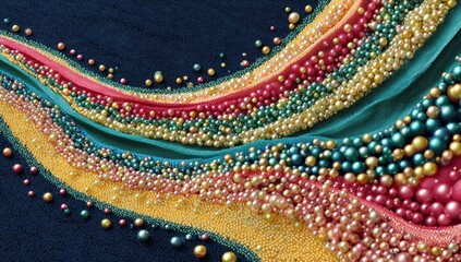 Abstract textured river of colorful, glossy beads flowing over a dark background