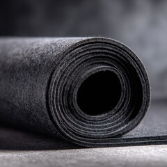 Rolled, dark gray fabric material. Close-up