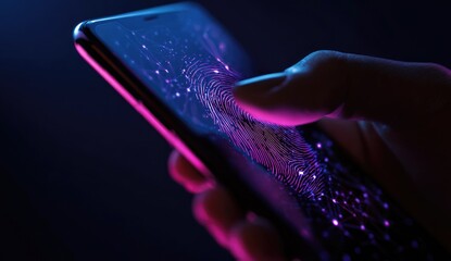 Close-up of a hand touching a smartphone screen with a dynamic, glowing fingerprint graphic overlay