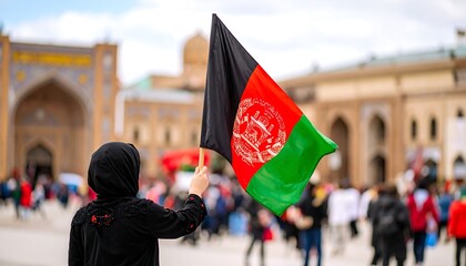 Person holding Afghan flag in a crowd