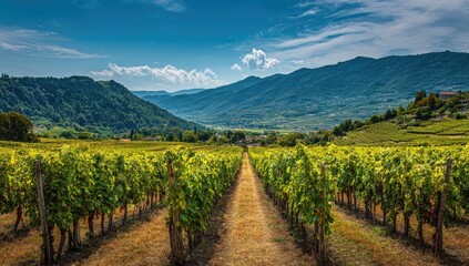 Obraz premium Sunny vineyard rows stretch towards distant mountains