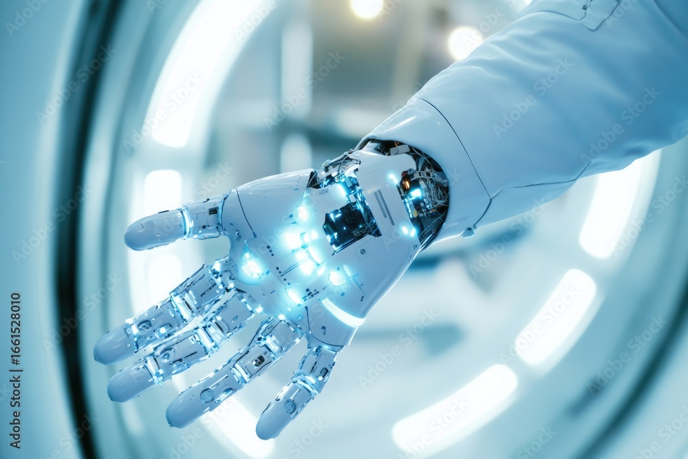 Poster futuristic robotic hand with advanced technology in high-tech environment