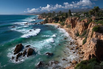 Irregular Coast Displaying Jet Black Prismatic Pillars And Brilliant Sea Expanse
