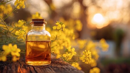 The beautiful glass bottle of oil surrounded by vibrant yellow flowers.