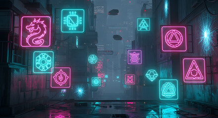 Glimmering neon symbols illuminate a shadowy futuristic urban alley, presenting a captivating digital concept of technology and mystery.