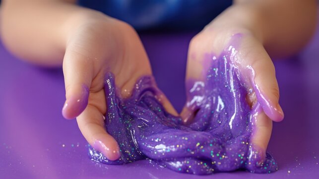 Bright purple glitter slime being stretched and manipulated by small hands in a playful environment