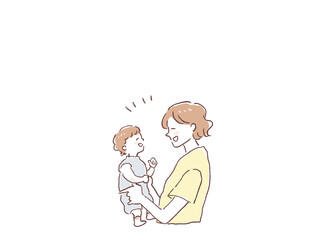 小さい子供を抱く女性の横顔、母親、親子、