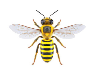 Bee insect yellow black striped wings flying nature pollinator isolated detailed realistic closeup animal wildlife macro summer environment garden outdoor antenna fuzzy small six legged natural