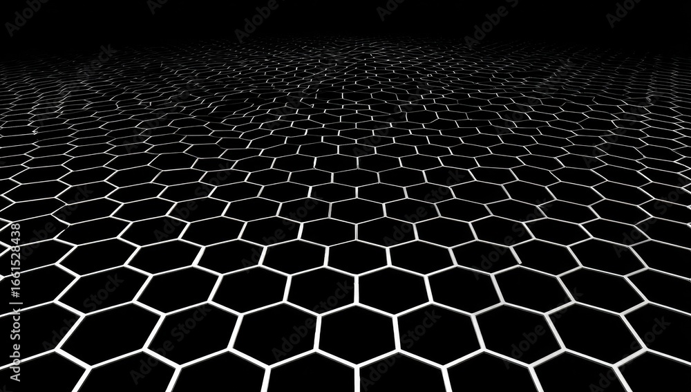 Poster hexagonal grid pattern on black background. a network of interconnected hexagons, stretching across 