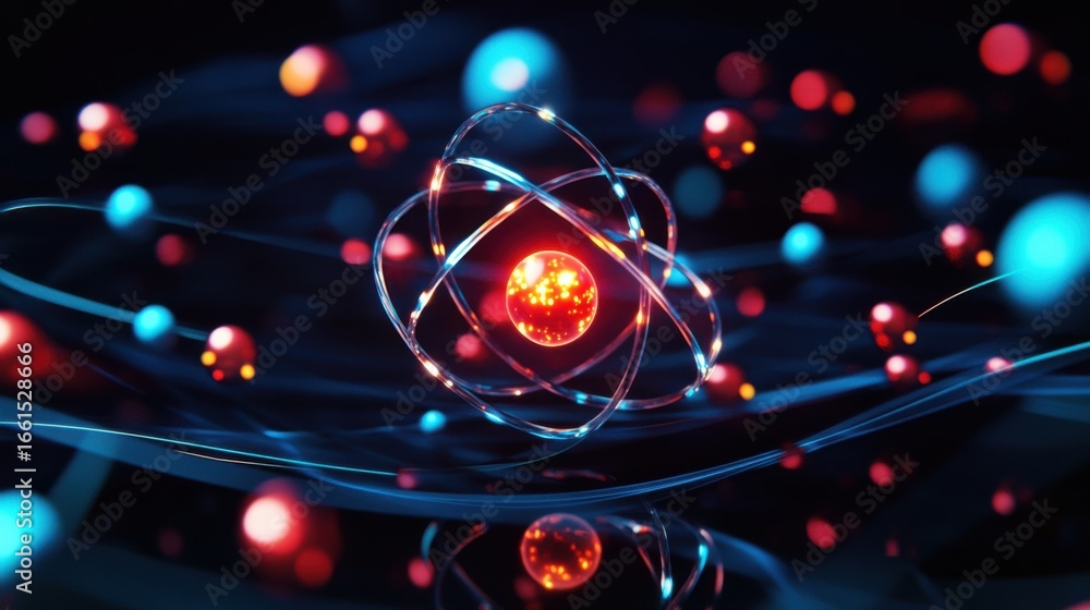 Poster digital representation of an atom with colorful particles swirling around in a dark setting illustra