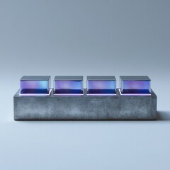Four iridescent cubes on a gray concrete base