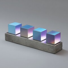 Four iridescent cubes on a concrete base