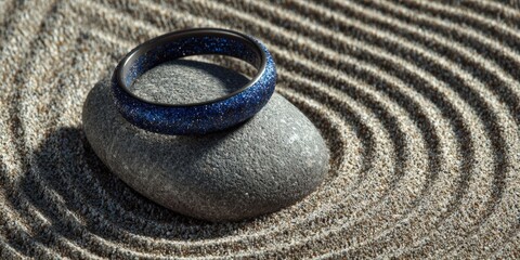 Naklejka premium Dark Blue Glittering Ring Surrounding Gray Pebble on Rippled Sand