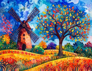 Krajobraz z wiatrakiem, polami i drzewem z kolorowymi liśćmi. Jesienny, wiejski pejzaż. Ilustracja, grafika, obraz © Monika