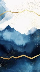 Obraz premium An abstract watercolor painting of blue mountains with elegant golden accents and details.