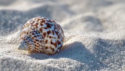 A seashell rests on a sunlit beach.  Close-up of a detailed, mottled, spiral seashell set against fine, white sand