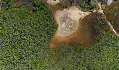 Wetlands nature panorama, Aerial top down view