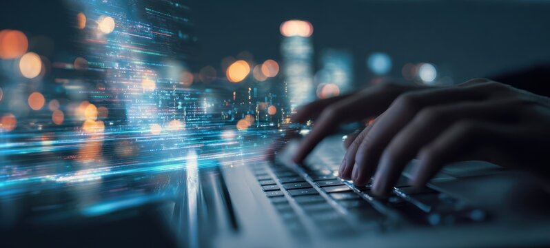 The Hands Typing on a Laptop with Digital Light Effects in the Background