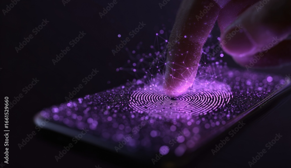 Poster fingertip interacts with a glowing fingerprint sensor